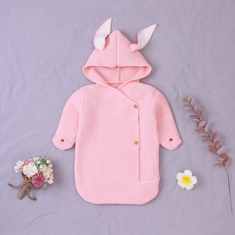 Chăn Quấn Em Bé Bằng Cotton Dệt Kim Hình Tai Thỏ Dễ Thương
