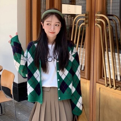 Áo khoác cardigan dệt kim cổ chữ V dáng rộng họa tiết sọc caro phong cách retro