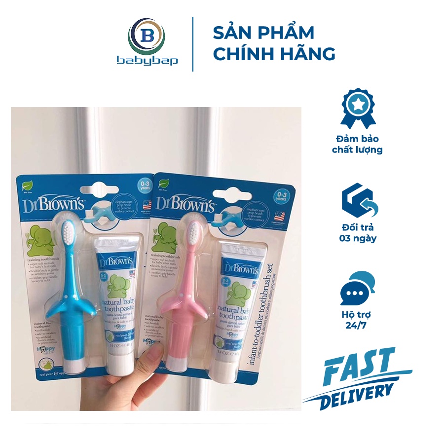 Combo Bàn Chải Đánh Răng _ Kem Đánh Răng Vị Táo Cho Trẻ Từ 0-3 Tuổi Dr Brown_s