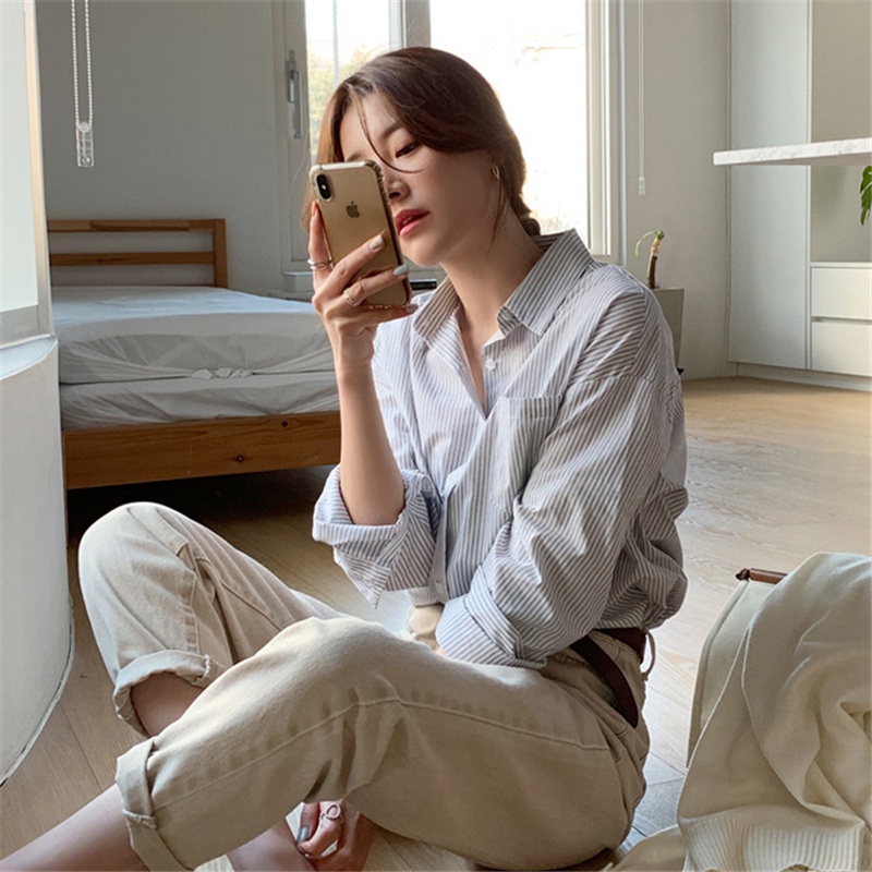 Áo sơ mi nữ SUXI tay dài kẻ sọc phong cách retro hàn quốc mới