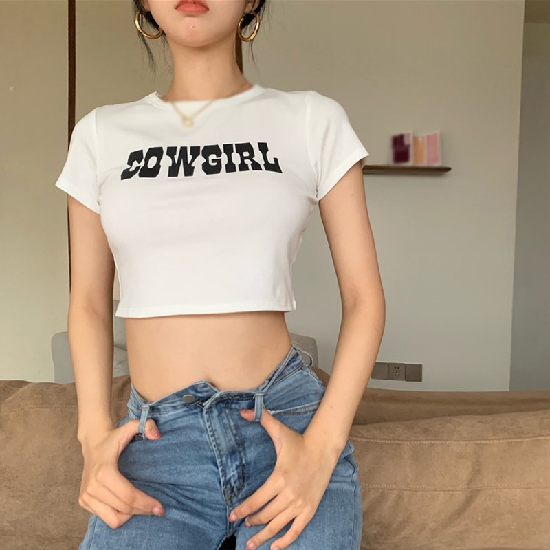 Áo Thun Crop Top Tay Ngắn Cổ Tròn Thoáng Khí In Chữ Phong Cách Hàn Quốc Cho Nữ