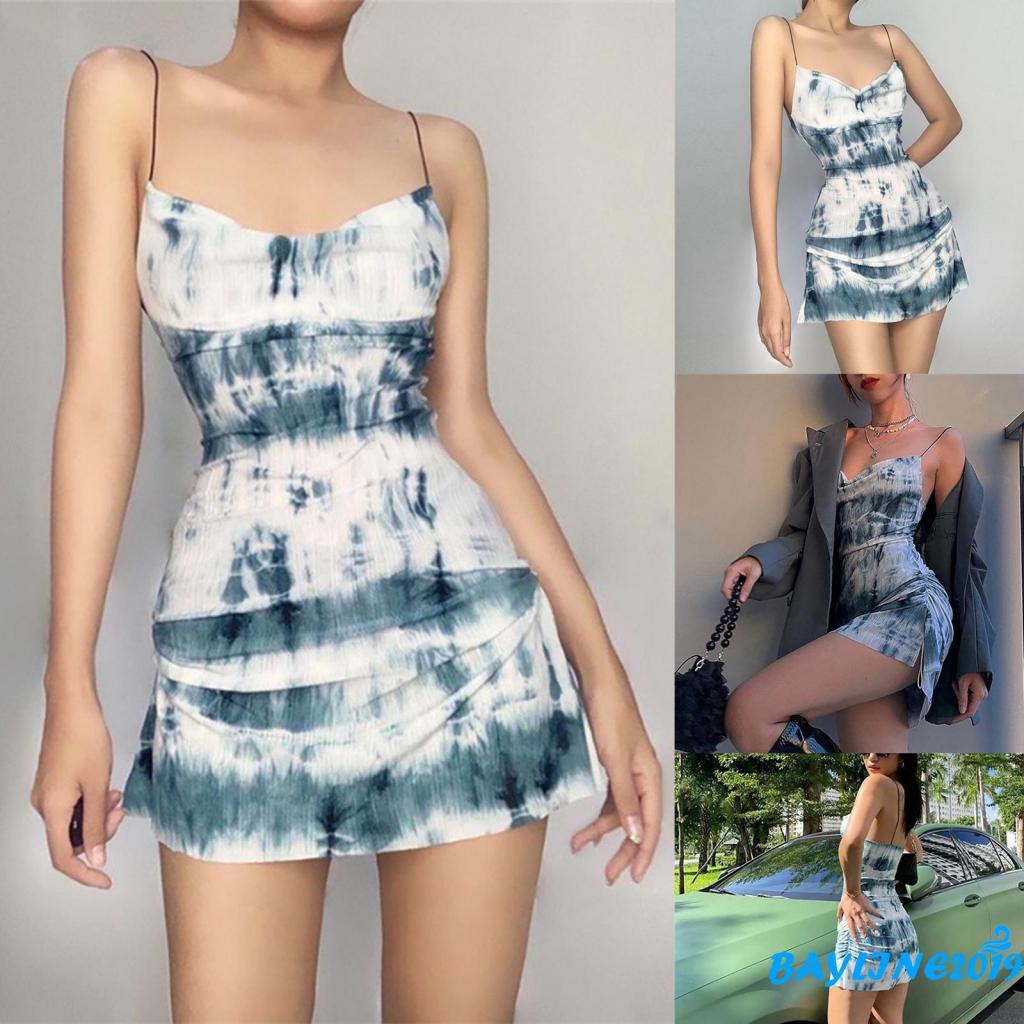 Bay-đầm Hai Dây Ôm Dáng Họa Tiết Màu Nhuộm Size S/ M/ L Cho Nữ