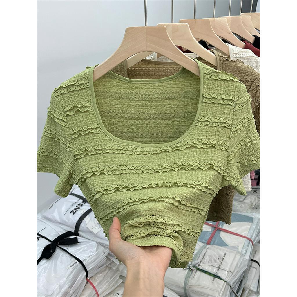 Áo Thun Ngắn Tay Cổ Vuông Phối Ren Thiết Kế Ngọt Ngào Thời Trang Cho Nữ