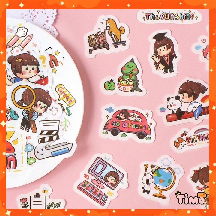 Set Sticker Cute Dễ Thương Hình Cô Bé Trang Trí Sổ Tay Xinh Anime Bàn Học Dán Mũ Bảo Hiểm Dán Góc Học Tập Vali