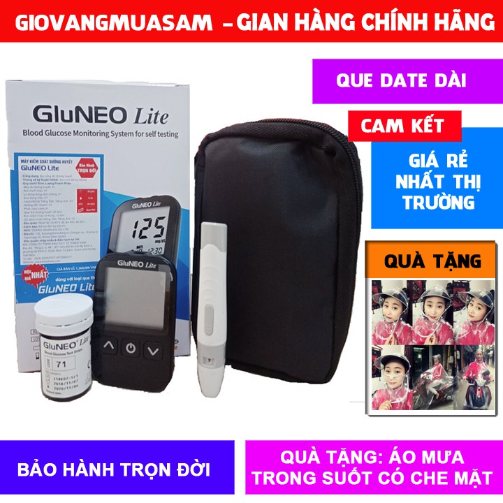 Máy đo đường huyết GluNEO Lite + Tặng 10 que thử và 50 kim chích máu + Tặng thêm áo mưa trong suốt