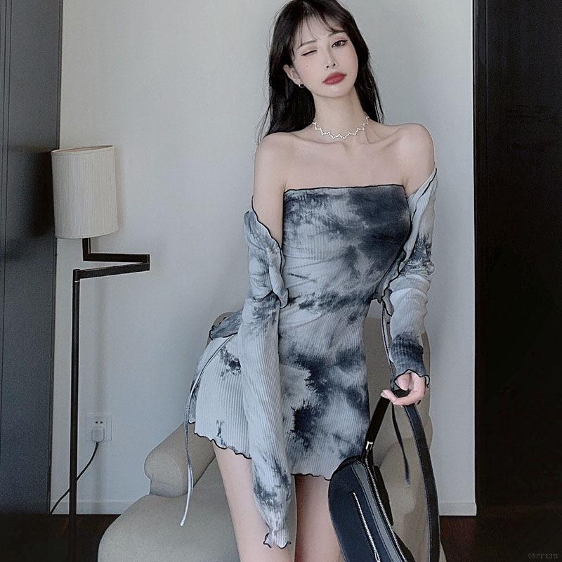 Bộ đầm tay dài phối màu nhuộm + áo khoác cardigan tay dài đáng yêu cho nữ | BigBuy360 - bigbuy360.vn