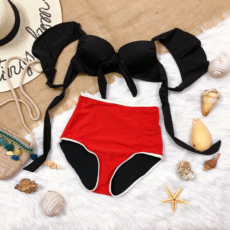 Đồ bơi 2 mảnh, Bikini đi biển quần đỏ viền trắng mix áo cánh tiên tay bèo màu đen