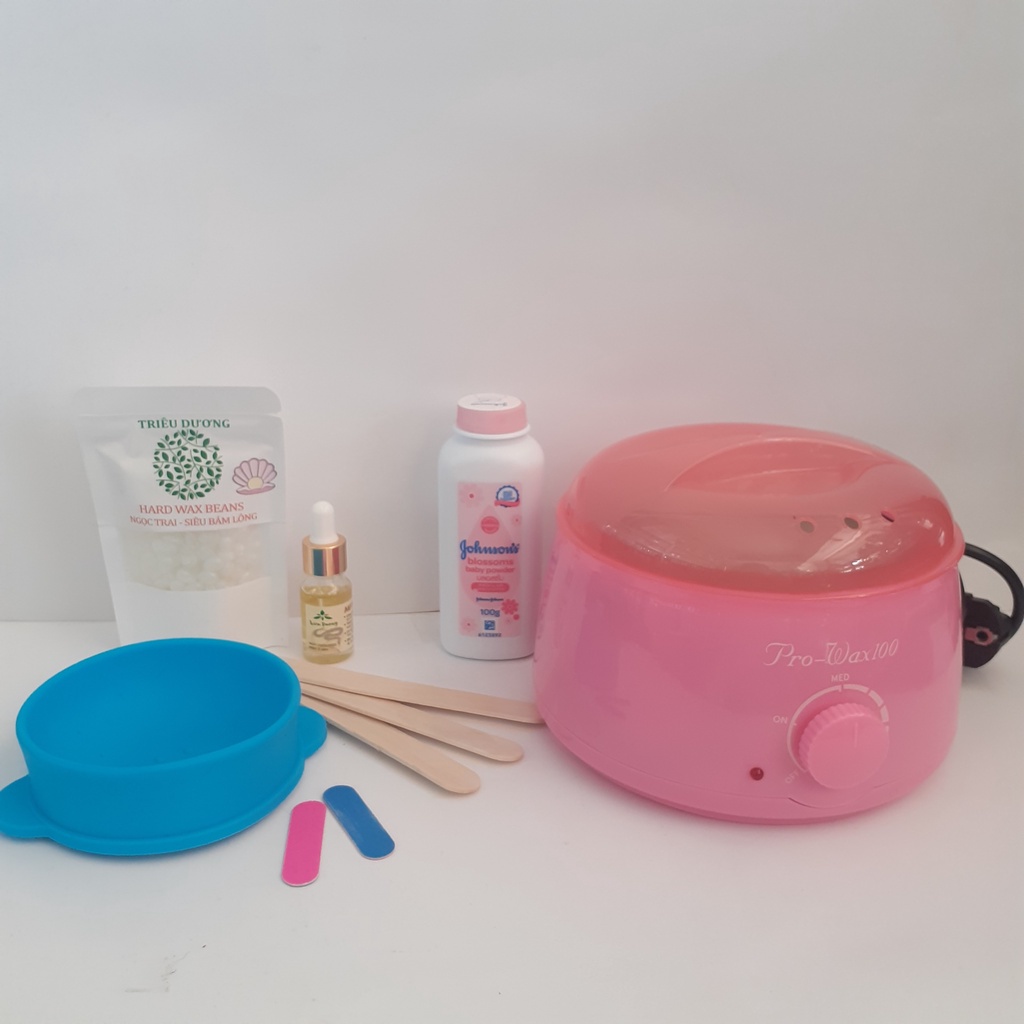 set wax lông đầy đủ:1 nồi prowax 100 + 1 gói sáp mini 50g hương thơm  + 1 chén chống dính + 1 mỡ trăn 10ml +1 phấn 100gr