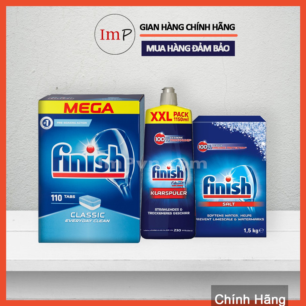 Combo viên rửa bát Finish Hộp Classic 110 viên, Muối 1.5kg, Nước làm bóng 1150ml (hoặc 750ml)