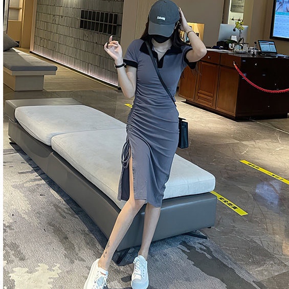 Đầm PERTY midi cổ polo ôm dáng vừa vặn thiết kế dây rút bên hông phong cách Hàn Quốc xinh xắn cho nữ