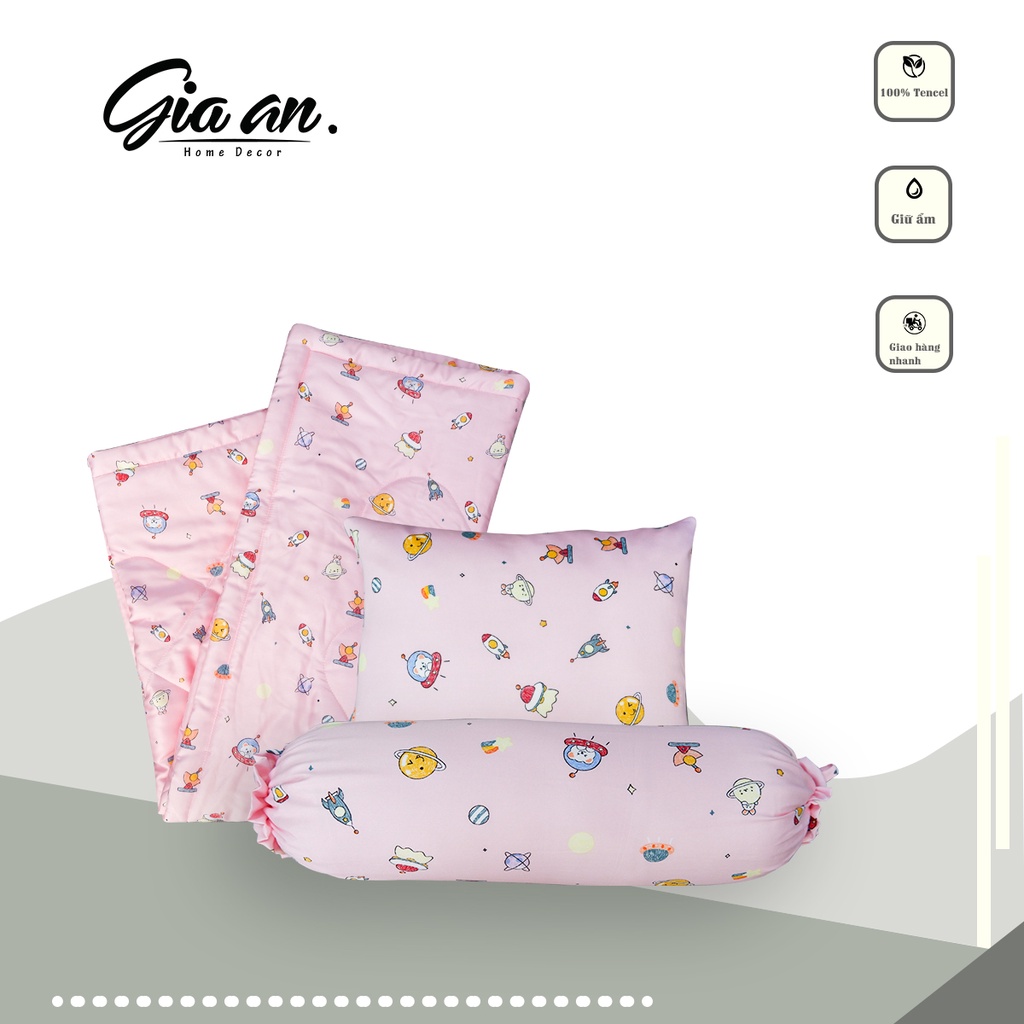 Set mền Tencel cho bé đi học mềm mát họa tiết vũ trụ hồng, tặng kèm túi vải dây kéo tiện dụng