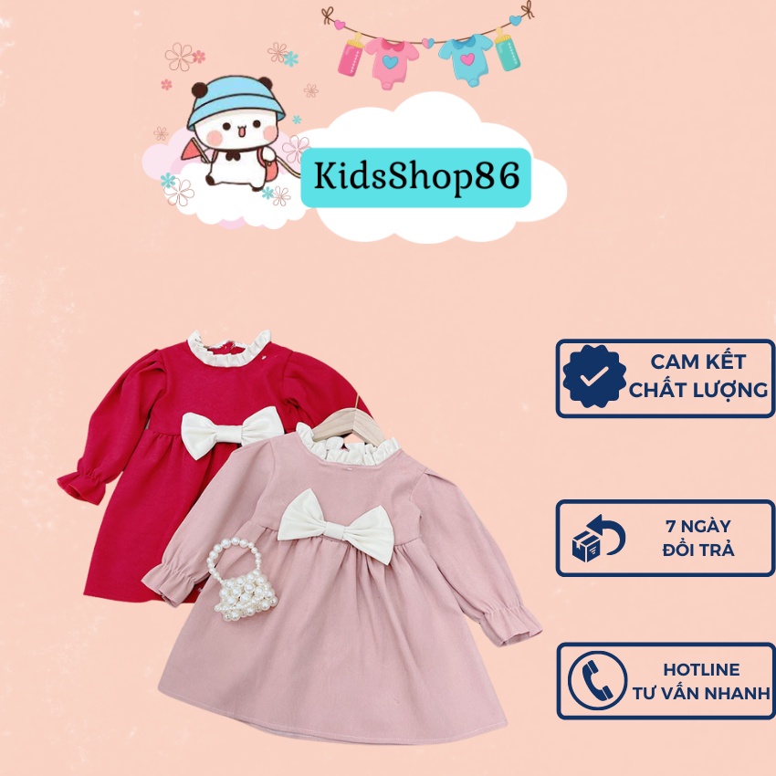 VÁY NHUNG CHO BÉ GÁI SIÊU DÀY DẶN MỀM MẠI PHỐI NƠ CỰC DỄ THƯƠNG CHO BÉ DIỆN TẾT SIZE 11-21KG [V27]