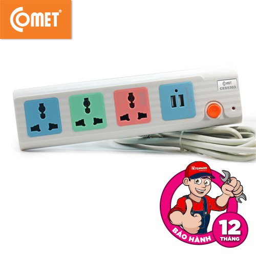 Ổ cắm nối dài Comet CES5303 2500W dây dài 3m, 3 ổ cắm 3 chấu, 2 cổng sạc USB