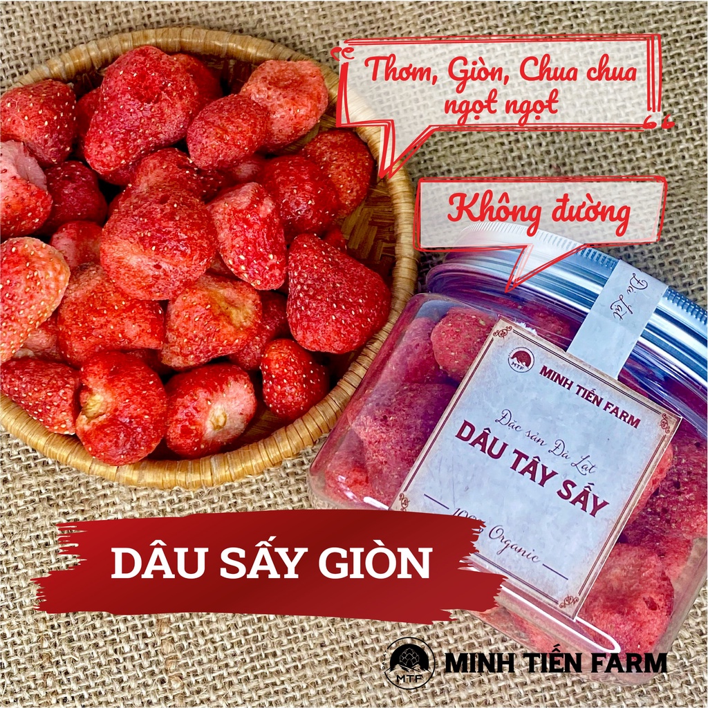 Dâu tây sấy dẻo, dâu tây sấy giòn không đường 100gr- 350gr, trái cây sấy Organic Gốc Đà Lạt Minh Tiến Farm