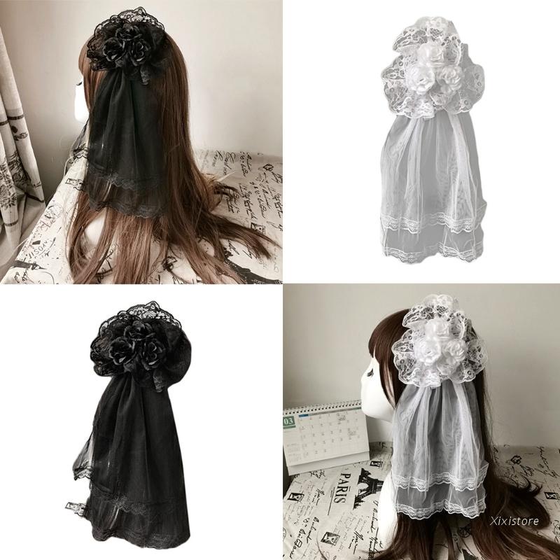 XIXI Băng đô cài tóc hình hoa hồng phối ren phong cách lolita cho nữ