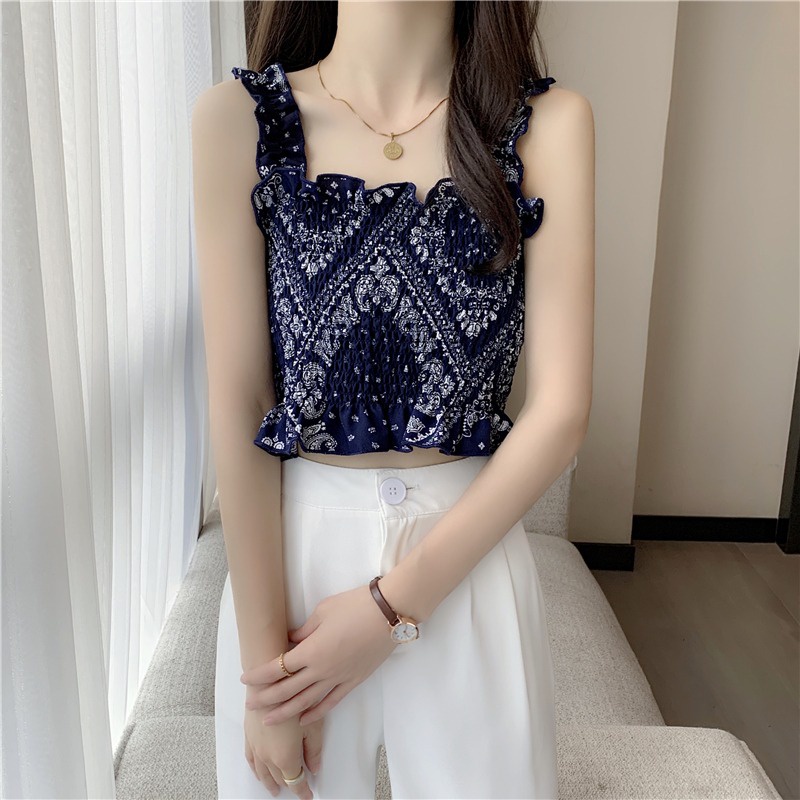 Áo Tank Top Phối Bèo Hoạ Tiết In Thời Trang Mùa Hè Cho Phái Nữ