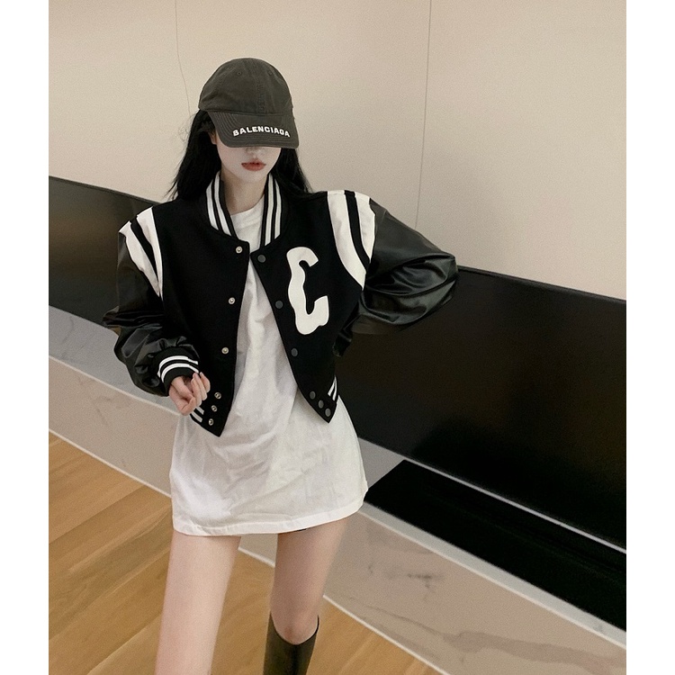 Áo khoác bóng chày dài tay dáng rộng có khóa kéo màu sắc tương phản in chữ độc đáo thời trang mùa thu cho nữ
