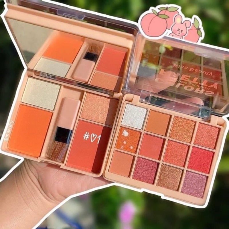 Bảng phấn mắt má hồng bắt sáng 2 tầng kèm gương và cọ Colors Pretty Kiss Béauty 87117-03