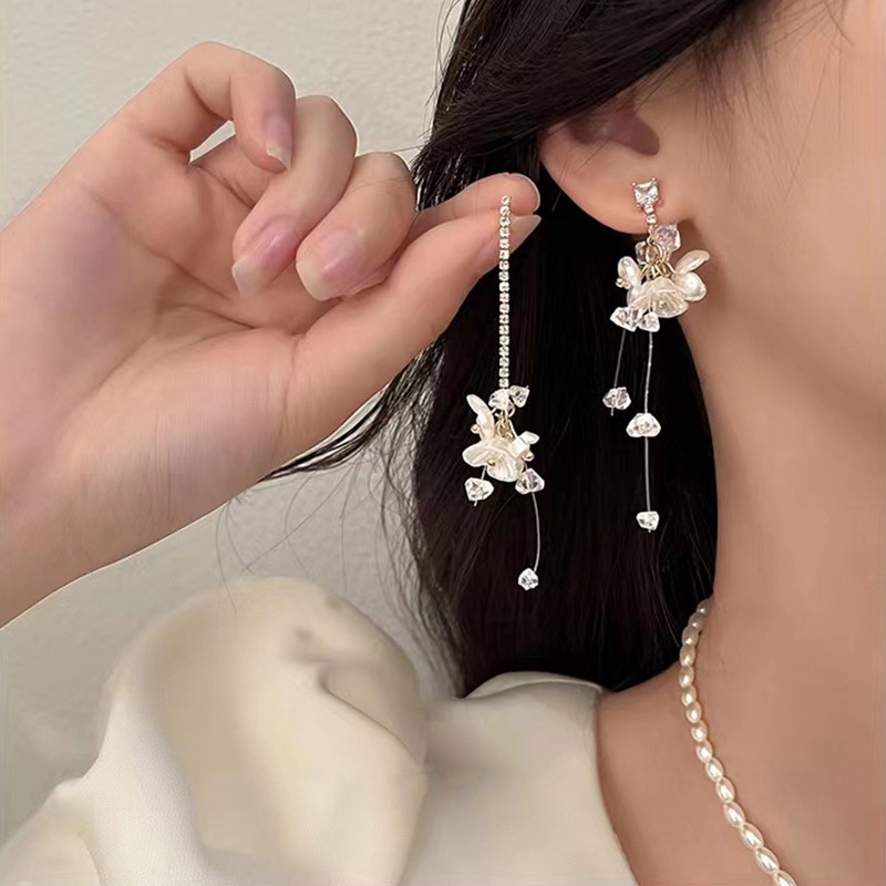 Khuyên Tai Dài Hình Bông Hoa Đính Đá Sang Trọng Thời Trang Hàn Quốc