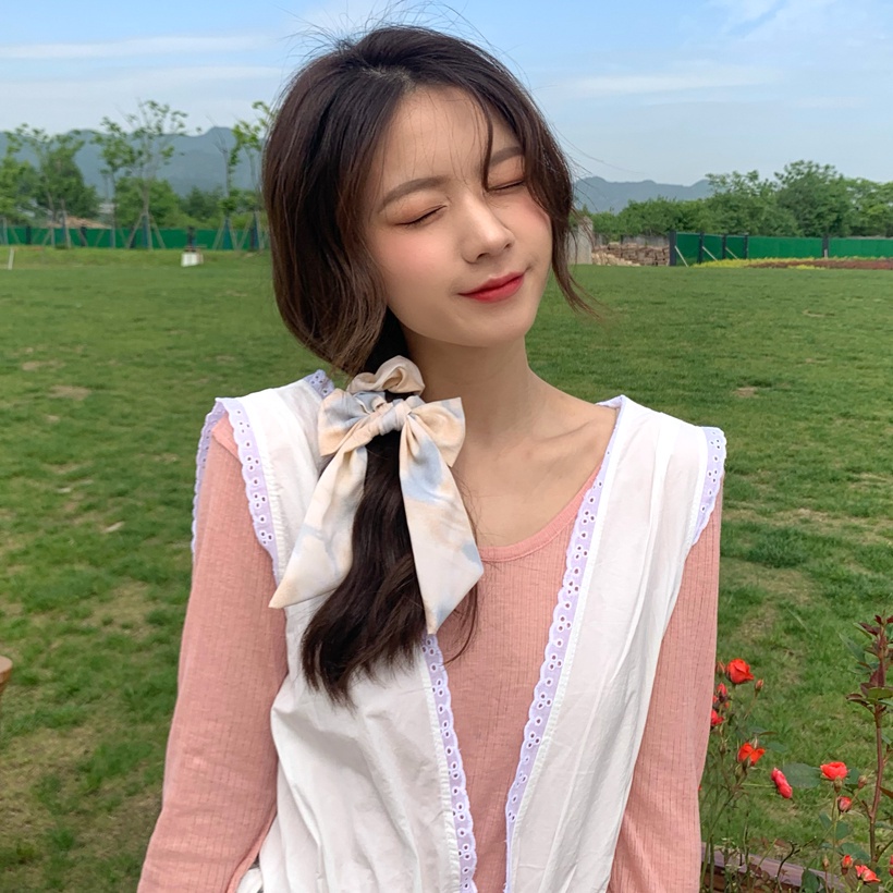 Dây cột tóc phối ruy băng thắt nơ hình bướm màu kiểu tranh sơn dầu cho nữ