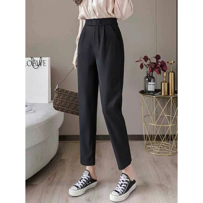 Quần tây công sở nữ lưng cao ống đứng màu đen Quần baggy nữ bigsize 2 cúc chuẩn dáng dài vải mềm mại Mặc nhà đi học sinh | BigBuy360 - bigbuy360.vn