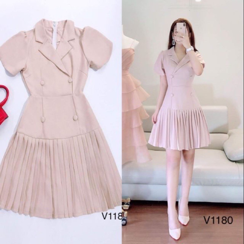 Thanh lý váy cổ vest đuôi cá dập ly(màu be sz L ảnh thật)