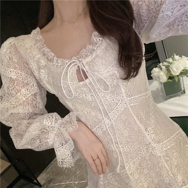 (Sẵn M) M65 - Đầm ren tiểu thư Ulzzang tay bồng thắt nơ ngực viền bèo siêu xinh