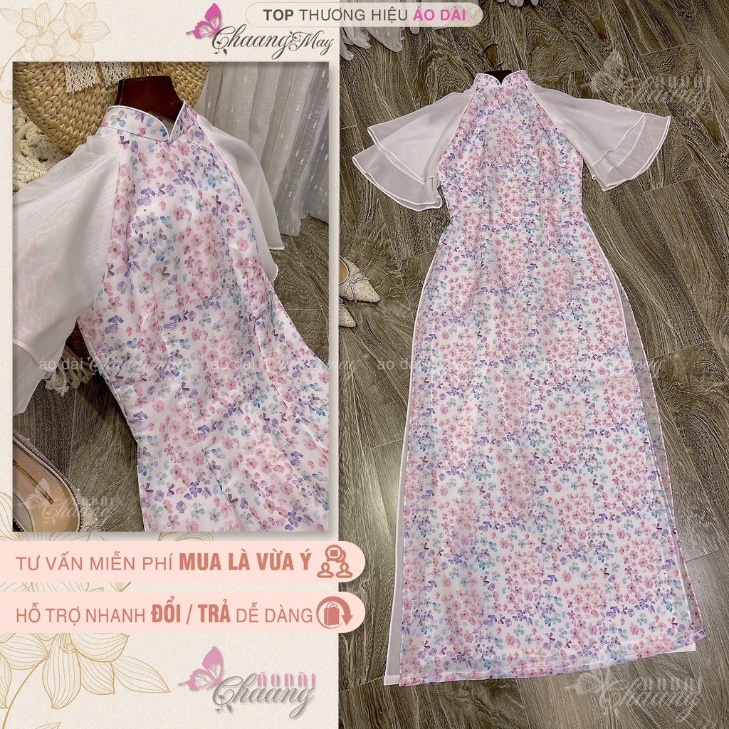 Áo dài cách tân nữ hoa nhí Ý Liên Chaang May sẵn Lụa Tơ in thiết kế tay loe dự tiệc thời trang lễ tết Đẹp