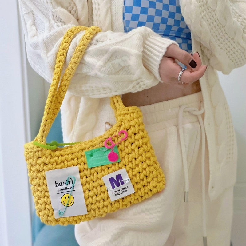 Tag Vải- Mác Vải gắn túi đan móc- Kiểu caro trang trí túi sách hàn quốc