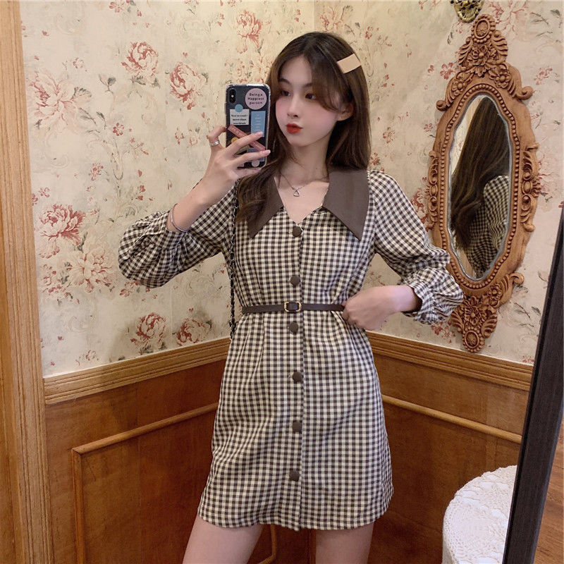 Đầm Nữ Ca Rô Dài Tay Cổ Bẻ Eo Thắt Nơ Thời Trang