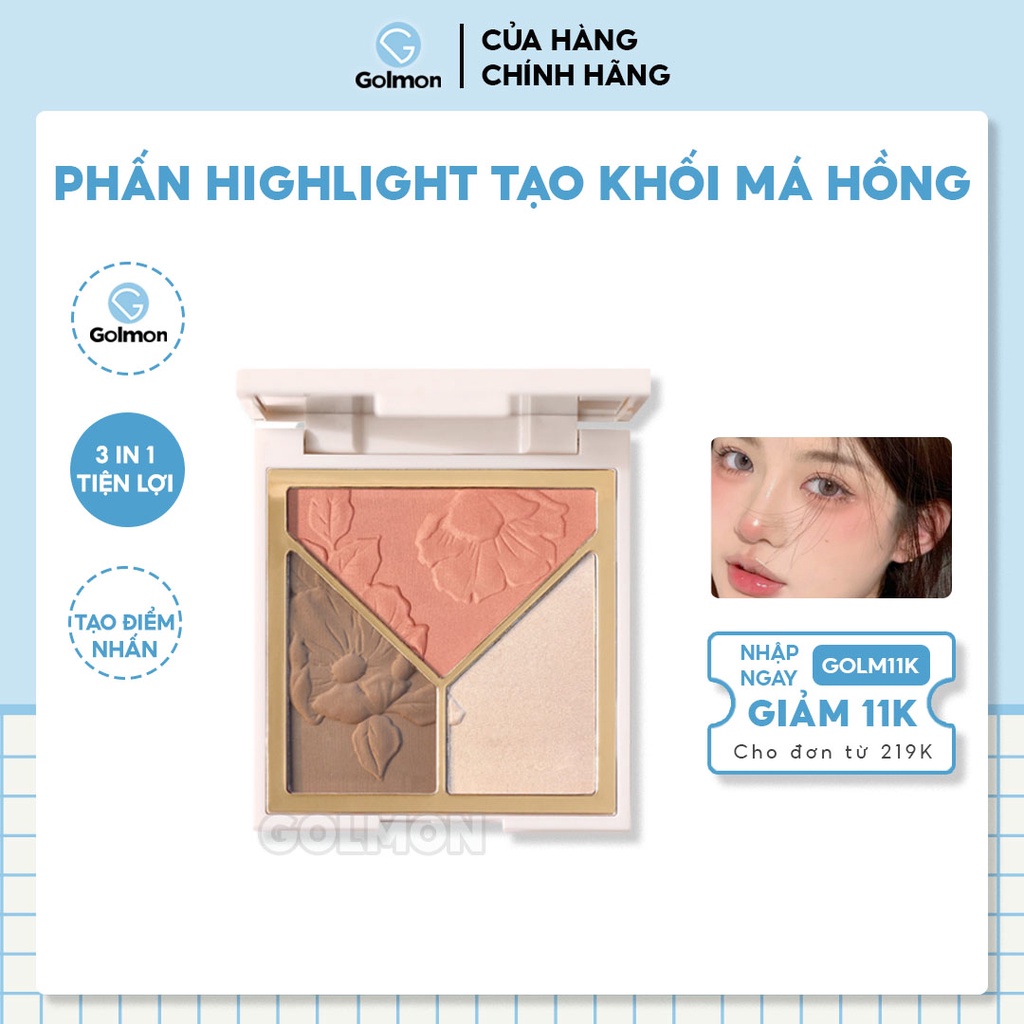 Phấn bắt sáng highlight, tạo khối, má hồng 3 màu Lameila kèm cọ trang điểm xinh golmon