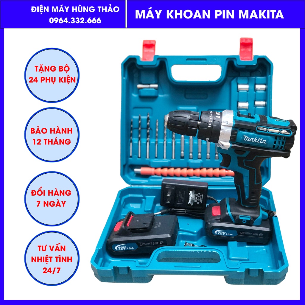 Máy khoan pin, máy khoan 72v Makita có búa 3 chức năng,Tặng 24 phụ kiện, May khoan cam tay bảo hành 12 tháng