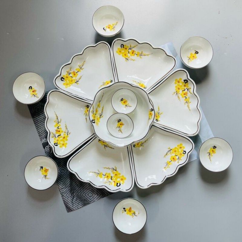 Bộ bát đĩa hoa mặt trời vẽ mai vàng,hoa đào hồng,đường kính 55cm - Hàng sứ Bát Tràng