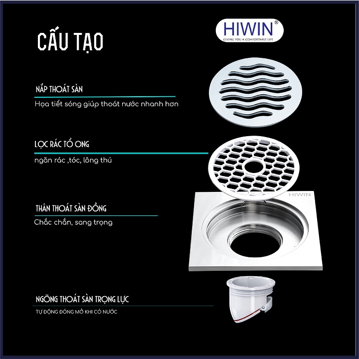 Phễu thoát sàn chống mùi hôi thoát nước nhanh đồng mạ crom kích thước 100x100mm HIWIN FD-1118