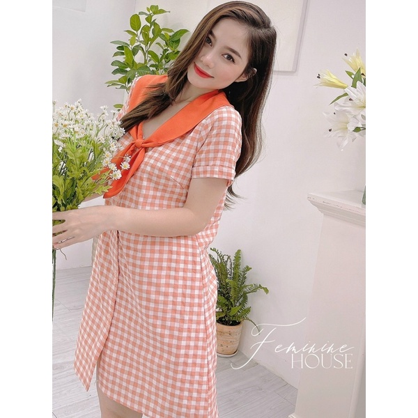 Đầm Caro Nơ Cổ, đầm kẻ, váy kẻ, đầm caro kẻ thắt nơ dễ thương, xinh xắn.