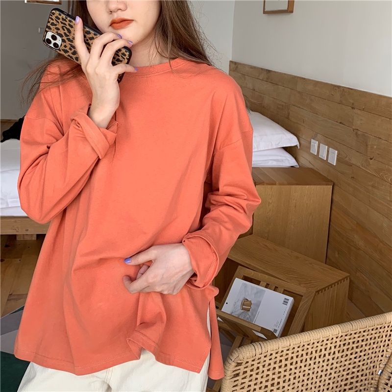 Áo thun tay dài cổ tròn màu trơn thiết kế xẻ tà đơn giản thời trang