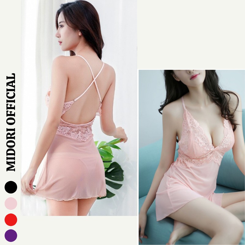 Váy ngủ sexy gợi cảm MIDORI nữ xuyên thấu ren mỏng có kèm quần chip lọt khe freesize KL03