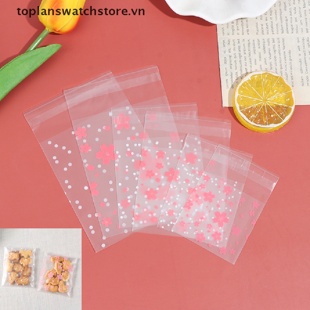 Set 100 Túi Nhựa Đựng Bánh Kẹo Họa Tiết Hoa Anh Đào Chấm Bi