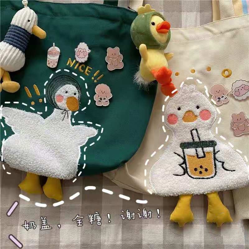 Túi Đeo Vai Vải Canvas Cỡ Lớn In Hình Vịt Hoạt Hình Phong Cách Hàn Quốc Dễ Thương Cho Học Sinh