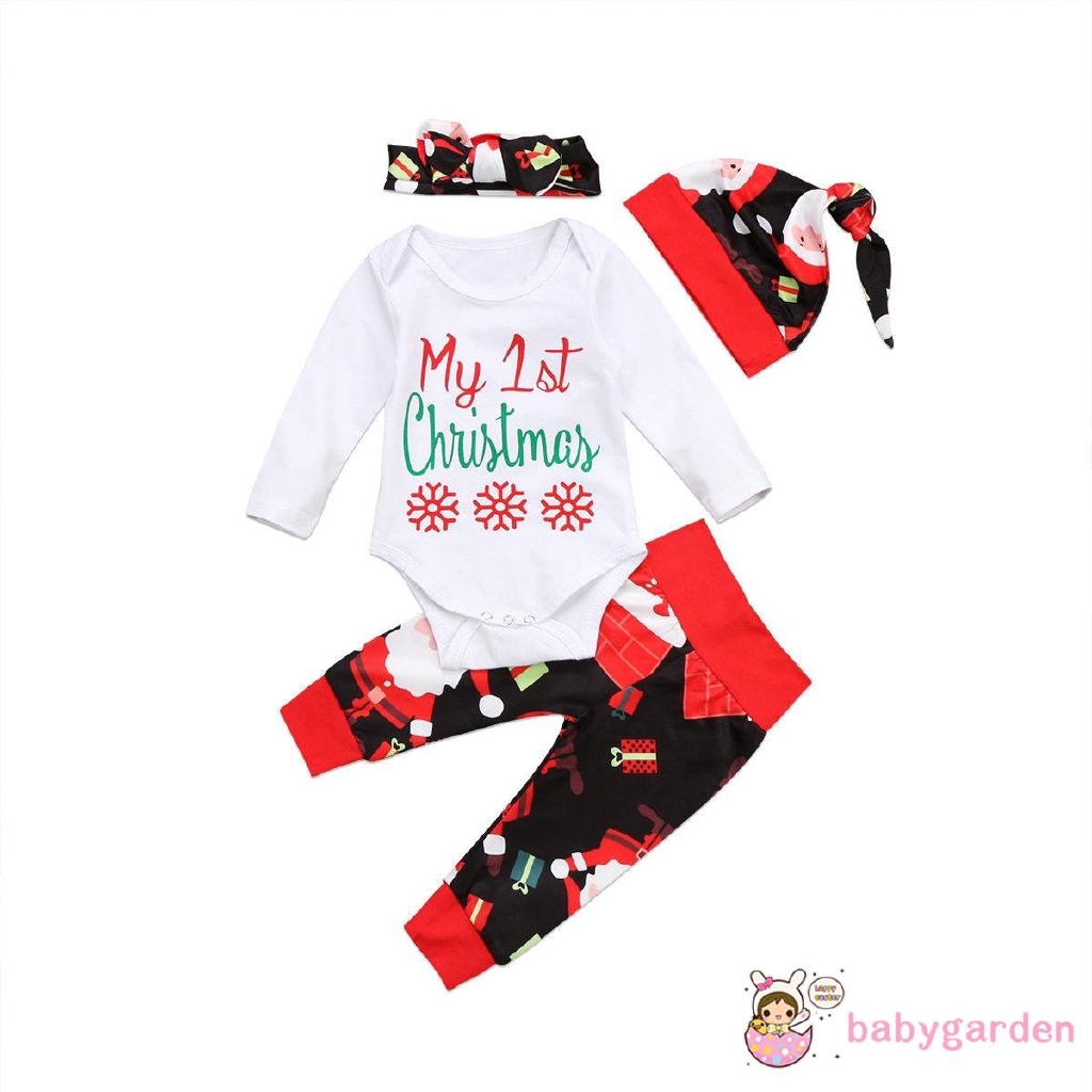 Christmas Newborn Baby Boy Girl Santa Tops Romper Bodysuit Pants Hat Outfits Set
