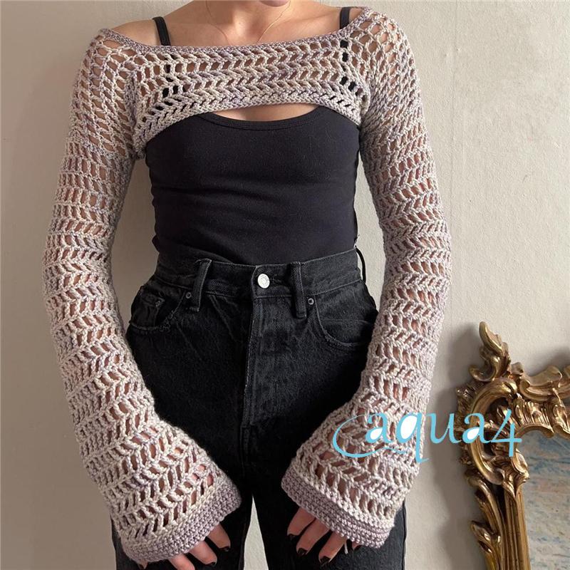 Áo Crop Top Nữ Dệt Kim Tay Dài Phong Cách Vintage Y2K Che Phủ Nâng 2000s