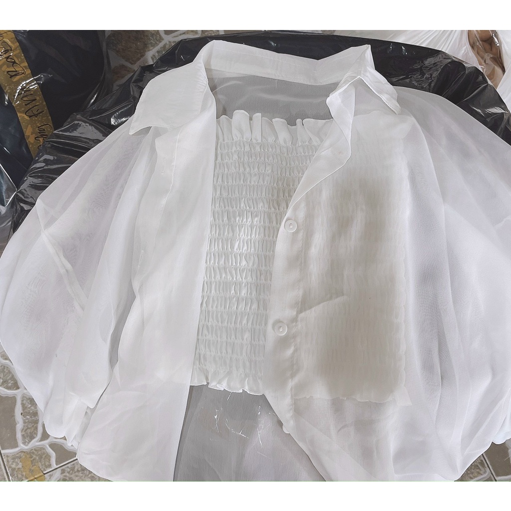 set áo sơ mi xinh kèm áo ống nhúm hot màu trắng tươi
