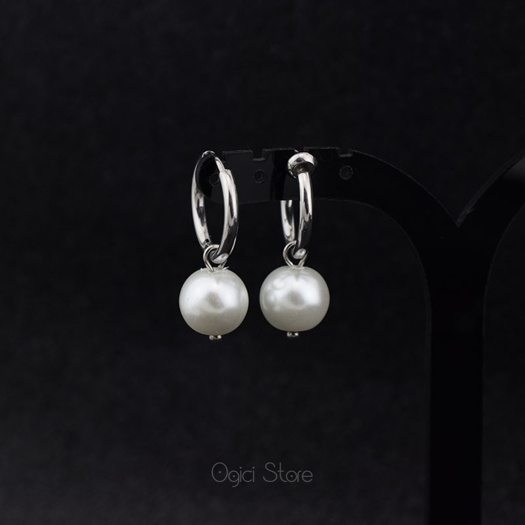 Bông tai, Khuyên tai nam nữ thép không gỉ dáng tròn thả ngọc trai sành điệu phong cách âu mỹ cá tính, Unisex, 1 chiếc