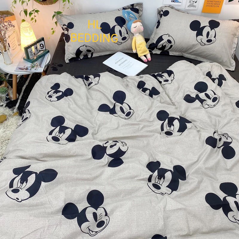 Bộ chăn ga gối Cotton Poly HL bedding chăn ga Hàn Quốc chuột Mickey BẠC đủ size miễn phí bo chun