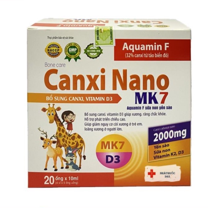 Canxi nano K2 D3 MK7 aquamin F tảo biển đỏ - Bổ sung canxi cho bé vitamin D3 giúp xương răng chắc khỏe Hộp 20 ống