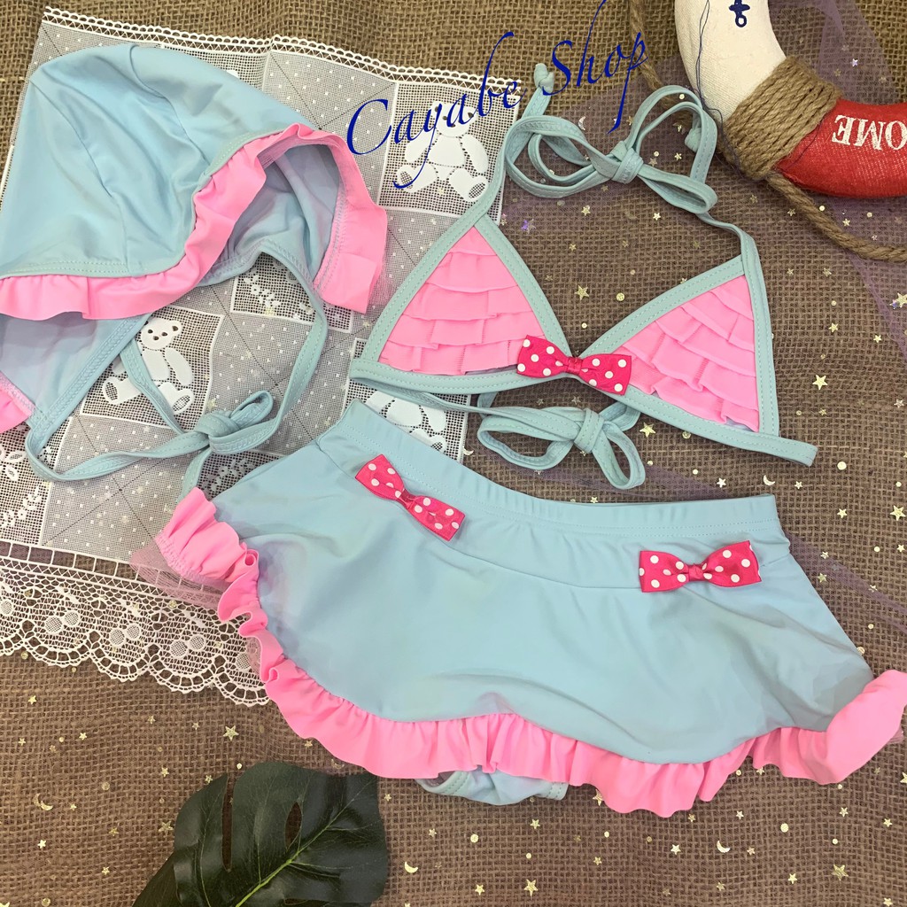 SET ĐỒ BƠI BIKINI BÉ GÁI CAYABE MÀU HỒNG XANH KÈM NÓN BƠI