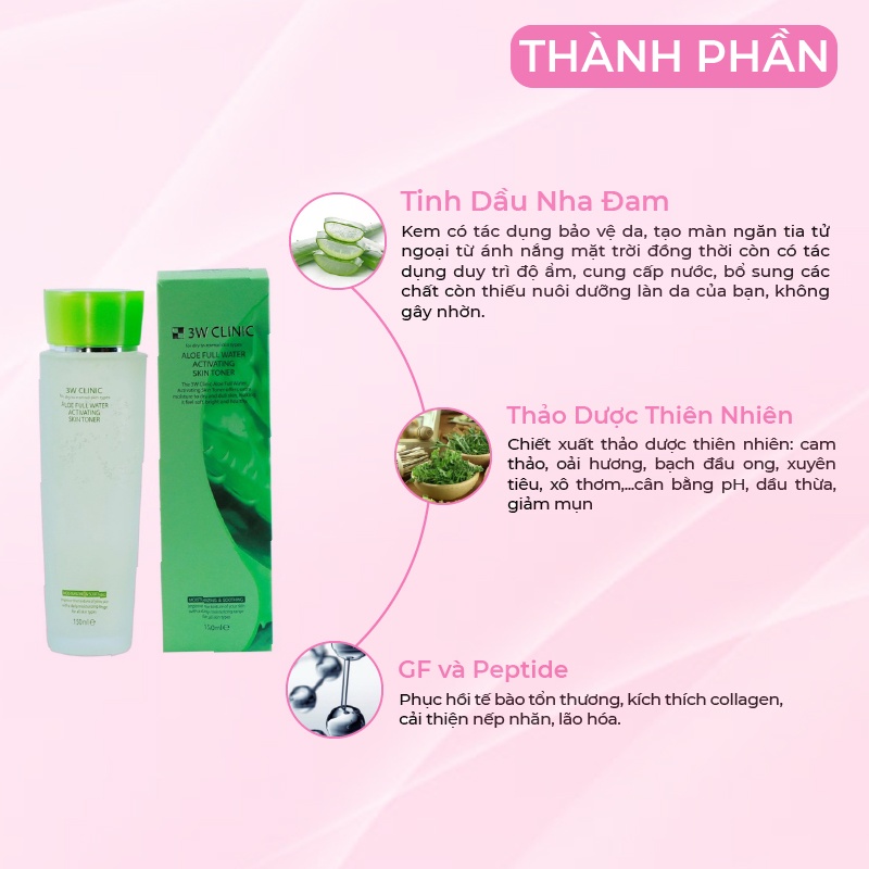 Nước hoa hồng se khít lỗ chân lông 3W Clinic Hàn Quốc  tinh chất Lô Hội dưỡng trắng da cấp nước 150ml