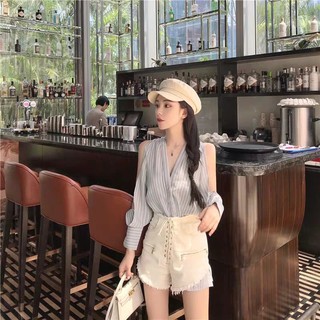 Áo sơ mi sọc ngang vai, thiết kế áo sơ mi nữ phần dài tay dài đầu thu mới 2019