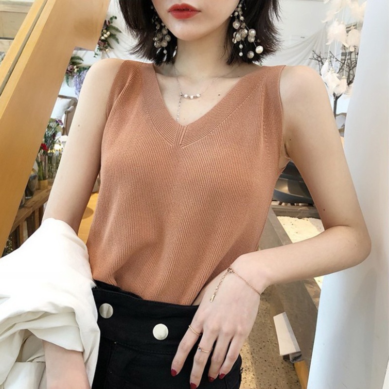 Áo Tank Top Dệt Kim Màu Trơn Cổ Chữ V Khoét Sâu Gợi Cảm Cho Nữ