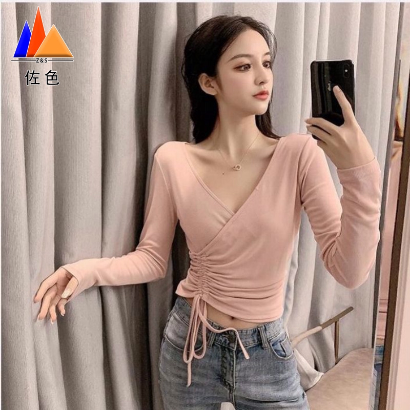 Áo Thun Nữ Tay Dài Cổ Chữ v Phong Cách Hàn Quốc
